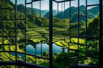 landscape nature view background. view from window at a wonderful landscape nature view with rice...