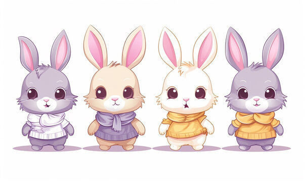 Cute little cartoon rabbits for baby shower and Easter. Set of cartoon Easter bunnies for greeting card or stickers with simple background.