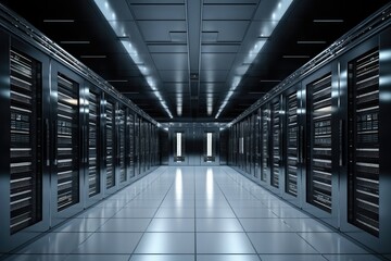 Fototapeta premium A Network of Data: Exploring the Digital Landscape of a Long Hallway