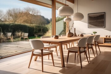 Fototapeta premium Wooden chairs and table dining in a modern room, Dining area.