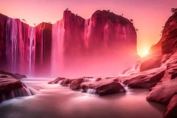 Fototapeten Side view of stepped waterfall group at sunrise in pink sky. © Bilal