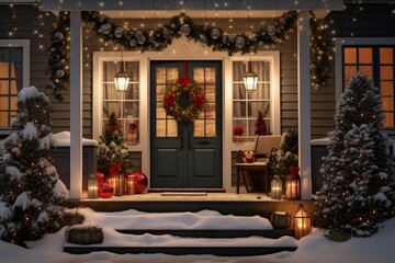 The front view of a home embellished with New Year's garlands, playful toys, evoking a joyful and celebratory atmosphere
