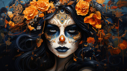 Sugar skull girl with floral background, day of the dead, illustrated.