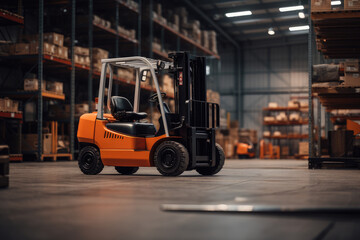 An Orange Forklift in a Warehouse With Pallets