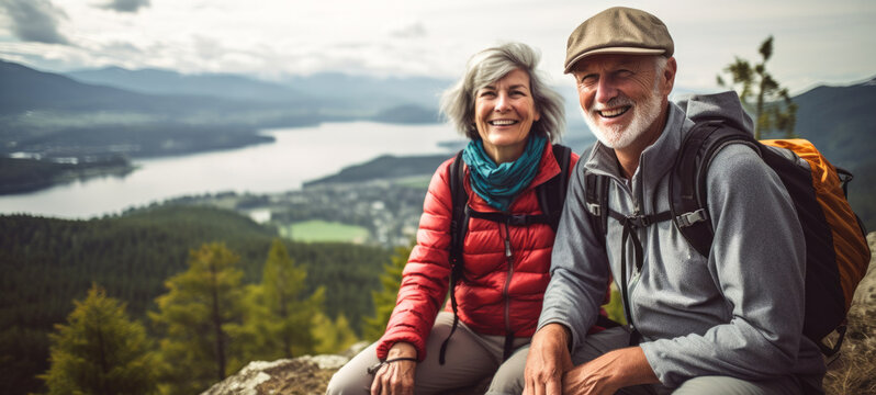 Senior couple hike and fitness. Happy mature couple enjoying a hike and explore in nature