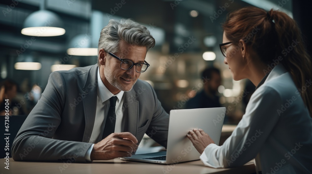 Poster indian consultant talking to a client showing something on a notebook computer