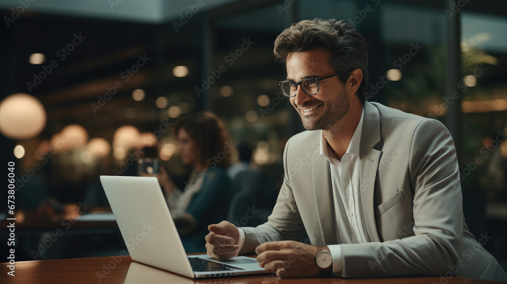 Poster indian consultant talking to a client showing something on a notebook computer