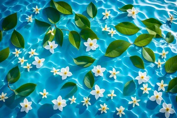 Fototapeta na wymiar Jasmine flowers and leaves floating on bright blue wavy water. Minimal nature background. 