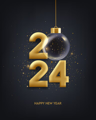 Happy new year 2024. Golden numbers with transparent Christmas ball and confetti, holiday greeting card design.