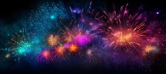 Poster HAPPY NEW YEAR 2024 - Firework silvester New Year's Eve Party festival celebration holiday background banner greeting card - Closeup of colorful fireworks pyrotechnics in the night © Corri Seizinger