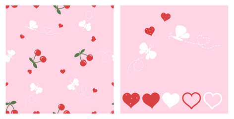 Seamless pattern of cherry fruit, red heart and butterfly cartoon on pink background. Red heart icon set and white butterfly cartoon on pink background vector.