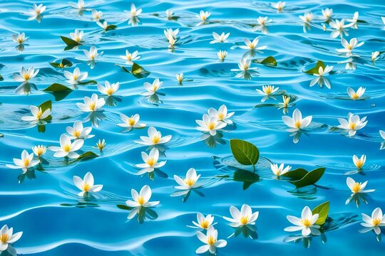 Jasmine flowers and leaves floating on bright blue wavy water. Minimal nature background. Summer scene with sunny day shadows.4k, 8k, 16k, full ultra hd, high resolution and cinematic photography 
