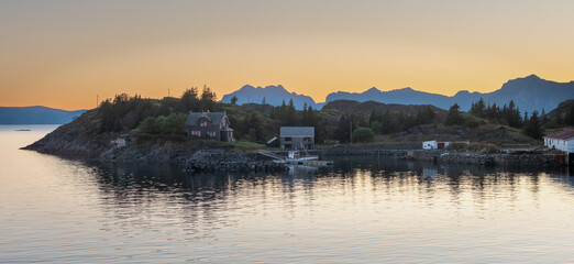 Sunset on the Lofoten Islands, Norway. Tranquil Nordic landscape.