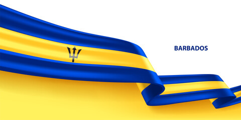 Barbados 3D ribbon flag. Bent waving 3D flag in colors of the Barbados national flag. National flag background design.