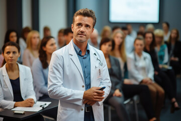 Male doctor giving presentation to group of people in board room, Seminar business, Meeting, Doctor conference, Audience presentation. - obrazy, fototapety, plakaty