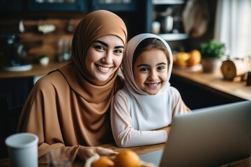 Happy Muslim Mom In Hijab And Her Little Daughter Using Laptop In Kitchen, Watching Cartoons For Kids Development Videos Online.