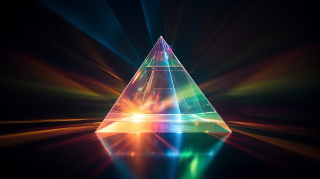 big glass traingle prism with a light beam coming from left and colorful light