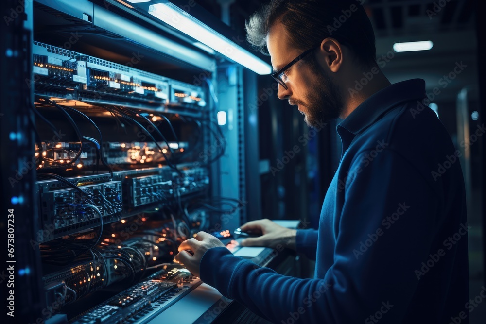 Poster it engineer checking hardware servers at modern data centre.
