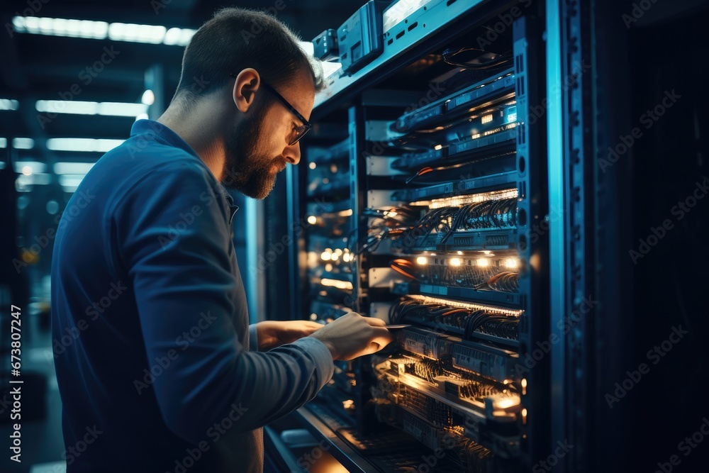 Poster it engineer checking hardware servers at modern data centre.