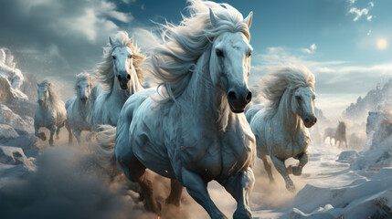 Herd of white horses running through the snow. - obrazy, fototapety, plakaty