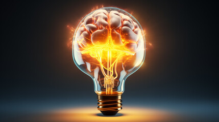  human brain - plug and glowing light bulb . creative concept brainstorm. business idea creation, copy space	