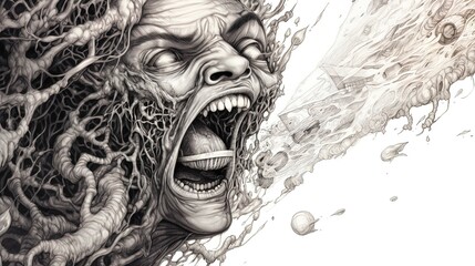 the face of madness from the side screaming and elements of classic fantasy, hallucination - obrazy, fototapety, plakaty
