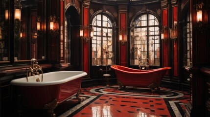 Obraz premium Interior elegance of a bathroom red and black, stained glass, luxurious.