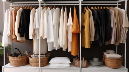 Clothing on rack, Rack with different stylish clothes, shelving unit, Wardrobe.