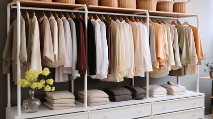 Clothes on rack in retail store.