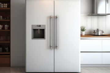 Large white refrigerator two doors at kitchen. - obrazy, fototapety, plakaty
