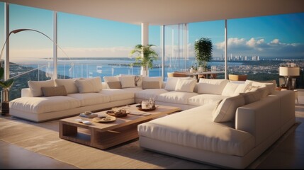 Living room in penthouse, Open living room concept, With modern comfortable furniture and ocean view. - obrazy, fototapety, plakaty