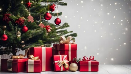 Christmas tree with gift boxes and red baubles on white background. Christmas concept with copy space for text.