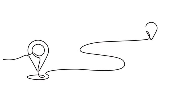 Continuous line animation of a Google map view of an urban area. route direction and location. Simple pin between two points in thin Linear style. Gps navigation and Travel concept.