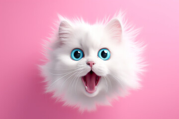 surprised white fluffy cat with blue eyes on a solid pink background,the concept of creative advertising with animals