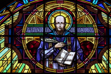 Stained Glass of Saint Francis de Sales. Vitrail de Saint François de Sales. Church / Eglise Saint...