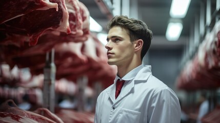A professional butcher between rows of pork carcasses in a butchery, Meat production.