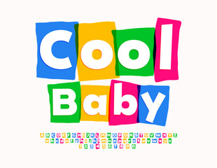 Vector funny sign Cool Baby with watercolor creative Font. Playful set of colorful blocks Alphabet Letters and Numbers