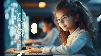 Little girl students is learning computer programming at classroom.