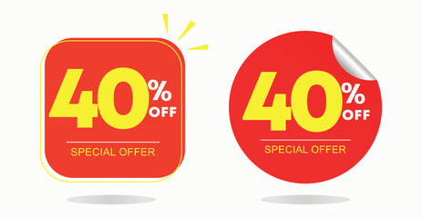 40% off. Tag special offer, campaign sales, sticker. Poster forty percent off price, value. Advertising, promo, discount, shop, retail, store. Icon, vector