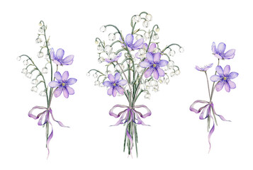 Set of watercolor first spring flowers. Coppice and llily of the valley delicate lilac and white flowers. Hand drawn illustration isolated background. Clipart botanical painting. Design for postcard