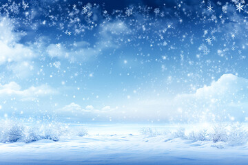 Fototapeta premium Winter snow background with snowdrifts, with beautiful light and snow flakes on the blue sky, beautiful bokeh circles, copy space. 
