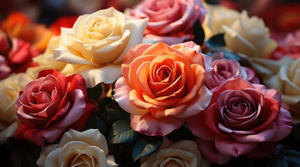 Rose closeup. Red, orange and white roses.