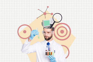 Professional science doctor working in laboratory holding glass tubes samples with dna animals...
