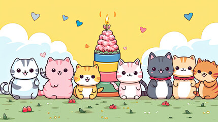 birthday invitation card with pictures of cats and balloons