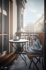 Cozy city terrace with small round table and chair in winter