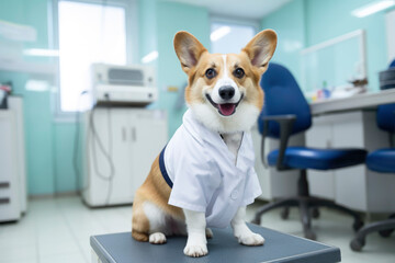 banner with a funny corgi dog puppy sitting in veterinarian clinic background looking at camera