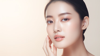 Beautiful asian girl model touching fresh glowing hydrated facial skin on beige background closeup. Beauty face. Skin care concept. Copy Space.