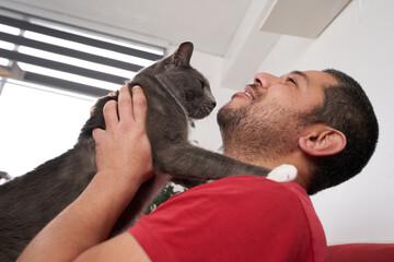 Man Engaging Playfully with Gray Cat