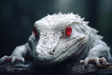 Portrait of albino alligator with red eyes and white skin on a dark background. Close up.