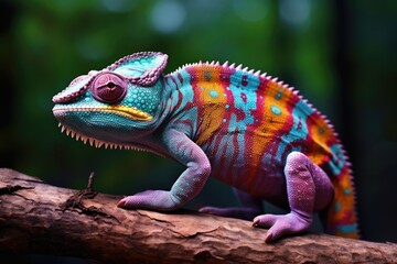 Colorful Chameleon Camouflaged on Tree Branch - obrazy, fototapety, plakaty